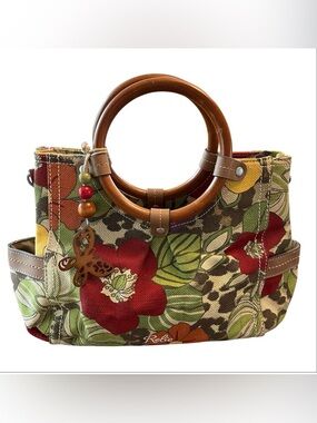 Relic by Fossil Canvas Floral Satchel with Brown Wood Handles